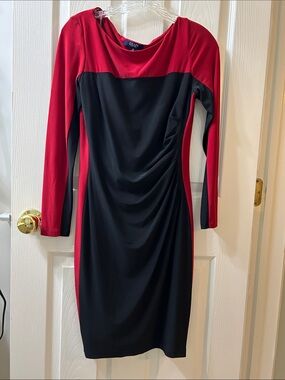 Chaps Two-Tone Red and Black Long Sleeve Sheath Dress